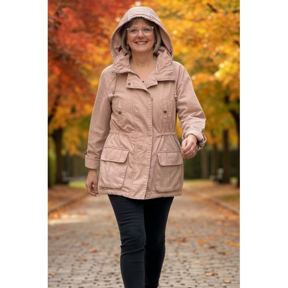 Willow Clay Khaki Pink Utility Anorak Jacket roll-up Hood cotton cinch waist M